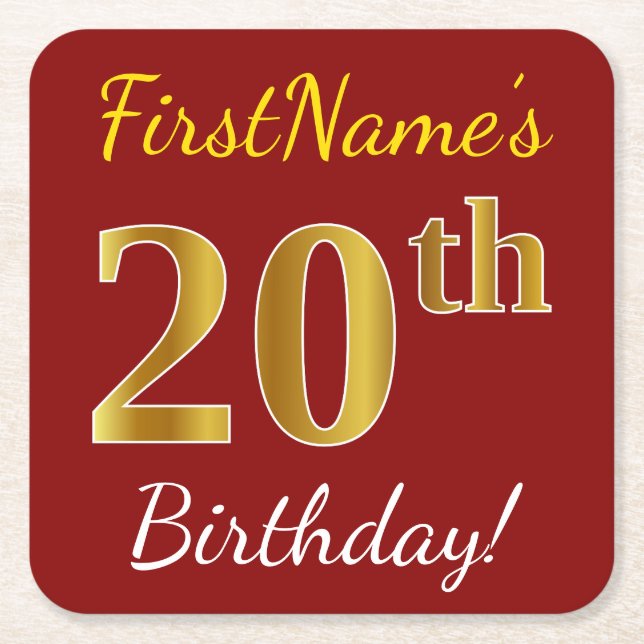 Red, Faux Gold 20th Birthday + Custom Name Square Paper Coaster (Front)