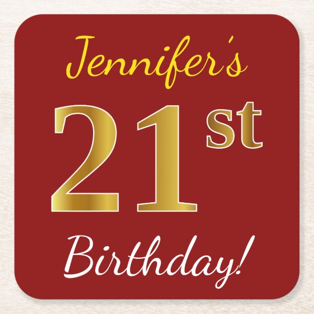 Red, Faux Gold 21st Birthday + Custom Name Square Paper Coaster (Front)