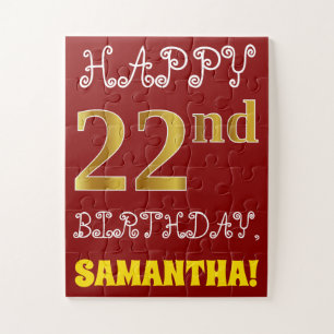 Red, Faux Gold 22nd Birthday + Custom Name Puzzle