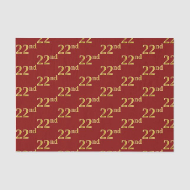 Red, Faux Gold 22nd (Twenty-Second) Event Tissue Paper (Front)
