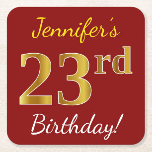 Red, Faux Gold 23rd Birthday + Custom Name Square Paper Coaster