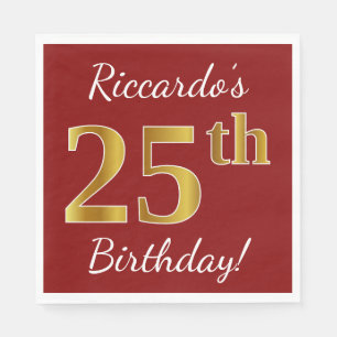Red, Faux Gold 25th Birthday + Custom Name Napkin