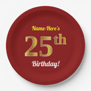 Red, Faux Gold 25th Birthday + Custom Name Paper Plate