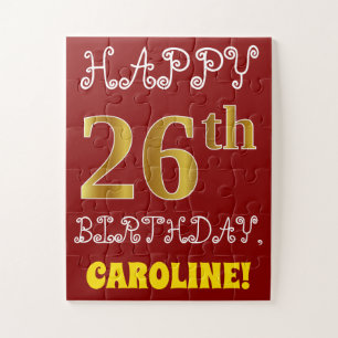 Red, Faux Gold 26th Birthday + Custom Name Puzzle
