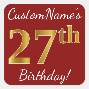 Red, Faux Gold 27th Birthday + Custom Name Sticker