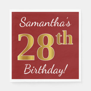 Red, Faux Gold 28th Birthday + Custom Name Napkin