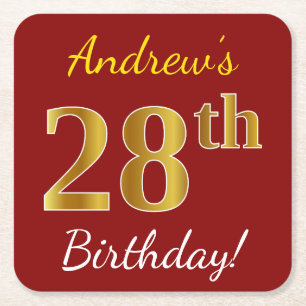 Red, Faux Gold 28th Birthday + Custom Name Square Paper Coaster