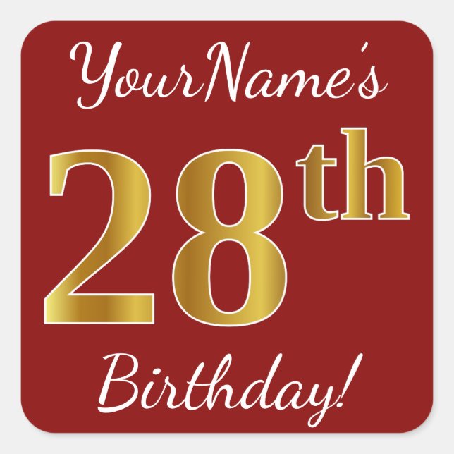 Red, Faux Gold 28th Birthday + Custom Name Sticker (Front)