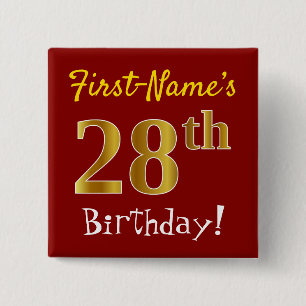 Red, Faux Gold 28th Birthday, With Custom Name 2 Inch Square Button