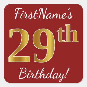 Red, Faux Gold 29th Birthday + Custom Name Sticker