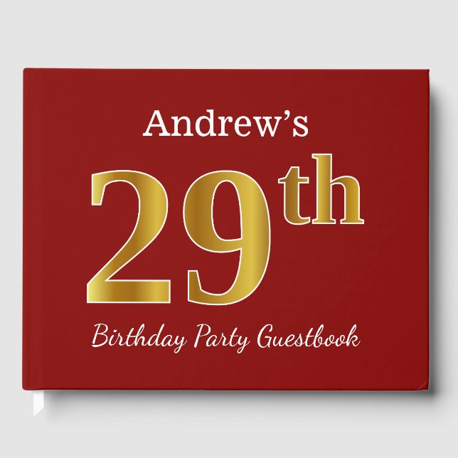 Red, Faux Gold 29th Birthday Party + Custom Name Guest Book (Front)