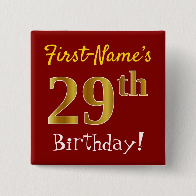 Red, Faux Gold 29th Birthday, With Custom Name 2 Inch Square Button (Front)