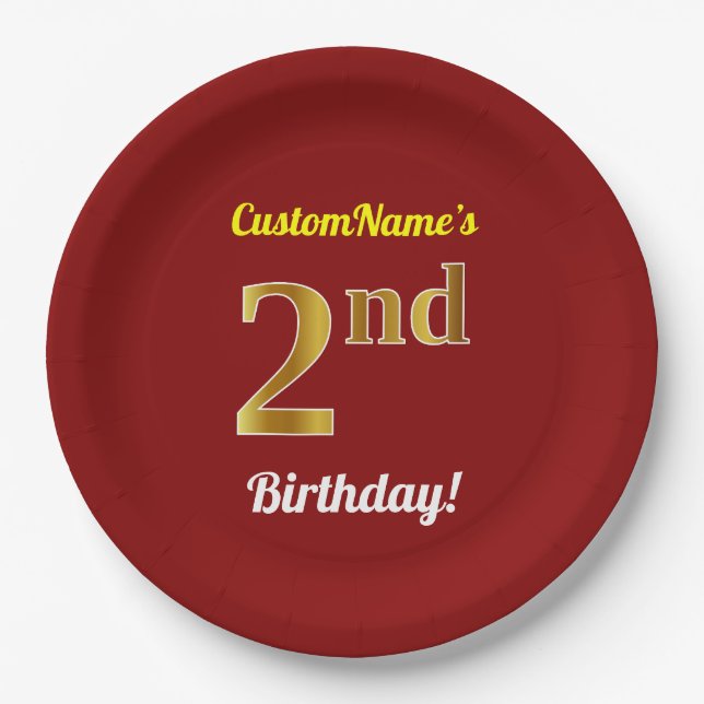 Red, Faux Gold 2nd Birthday + Custom Name Paper Plate (Front)