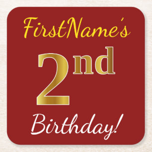 Red, Faux Gold 2nd Birthday + Custom Name Square Paper Coaster