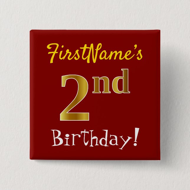 Red, Faux Gold 2nd Birthday, With Custom Name 2 Inch Square Button (Front)