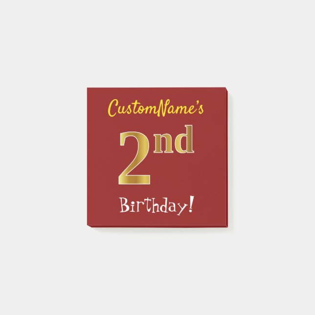 Red, Faux Gold 2nd Birthday, With Custom Name Post-it Notes (Front)