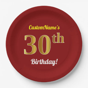 Red, Faux Gold 30th Birthday + Custom Name Paper Plate