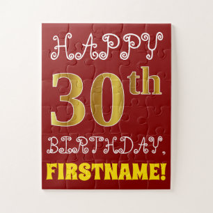 Red, Faux Gold 30th Birthday + Custom Name Puzzle