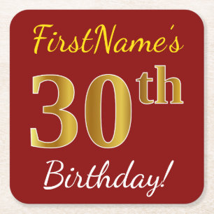Red, Faux Gold 30th Birthday + Custom Name Square Paper Coaster