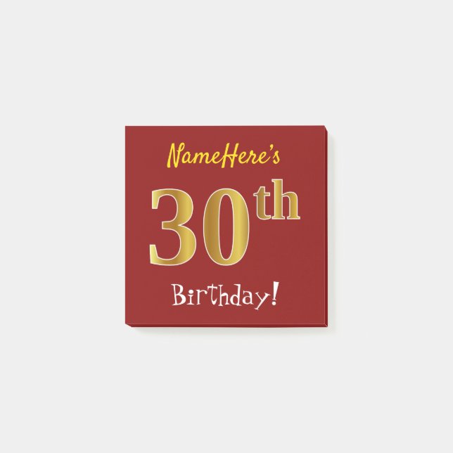 Red, Faux Gold 30th Birthday, With Custom Name Post-it Notes (Front)