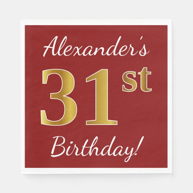 Red, Faux Gold 31st Birthday + Custom Name Napkin (Front)