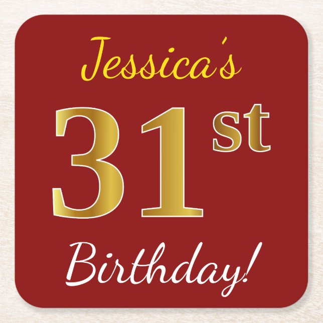 Red, Faux Gold 31st Birthday + Custom Name Square Paper Coaster (Front)