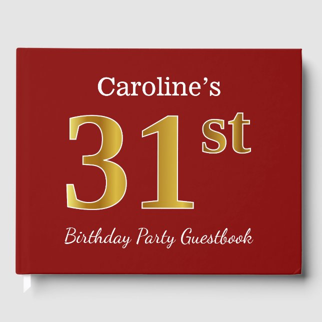 Red, Faux Gold 31st Birthday Party + Custom Name Guest Book (Front)