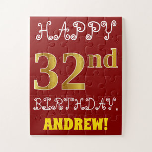 Red, Faux Gold 32nd Birthday + Custom Name Puzzle