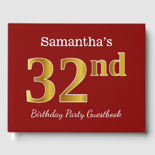 Red, Faux Gold 32nd Birthday Party + Custom Name Guest Book
