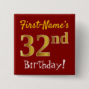 Red, Faux Gold 32nd Birthday, With Custom Name 2 Inch Square Button