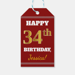 Red, Faux Gold 34th Birthday + Custom Name Gift Tags