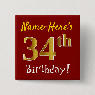 Red, Faux Gold 34th Birthday, With Custom Name 2 Inch Square Button