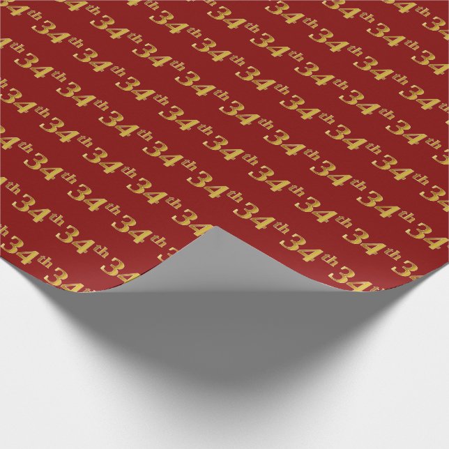 Red, Faux Gold 34th (Thirty-Fourth) Event Wrapping Paper (Corner)