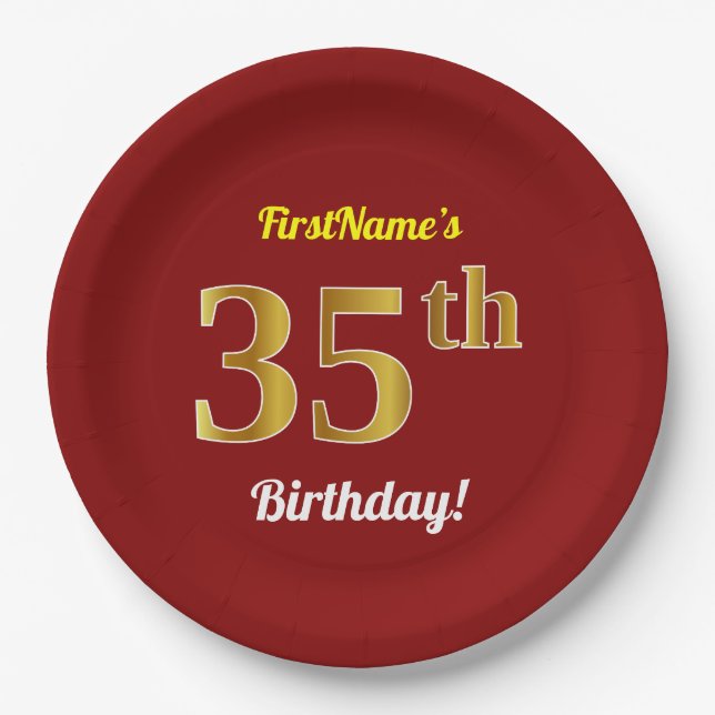 Red, Faux Gold 35th Birthday + Custom Name Paper Plate (Front)