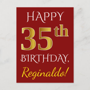 Red, Faux Gold 35th Birthday + Custom Name Postcard