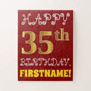 Red, Faux Gold 35th Birthday + Custom Name Puzzle