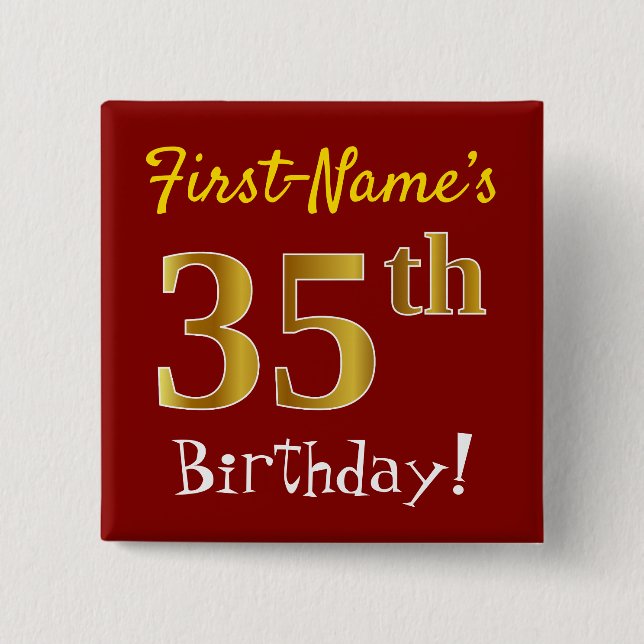 Red, Faux Gold 35th Birthday, With Custom Name 2 Inch Square Button (Front)