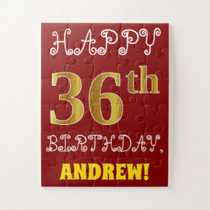 Red, Faux Gold 36th Birthday + Custom Name Puzzle