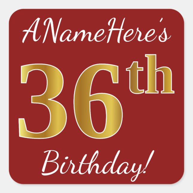 Red, Faux Gold 36th Birthday + Custom Name Sticker (Front)