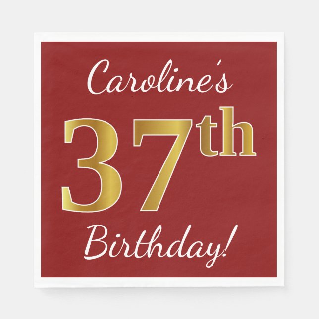 Red, Faux Gold 37th Birthday + Custom Name Napkin (Front)
