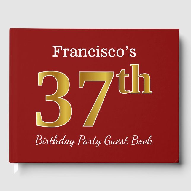 Red, Faux Gold 37th Birthday Party + Custom Name Guest Book (Front)