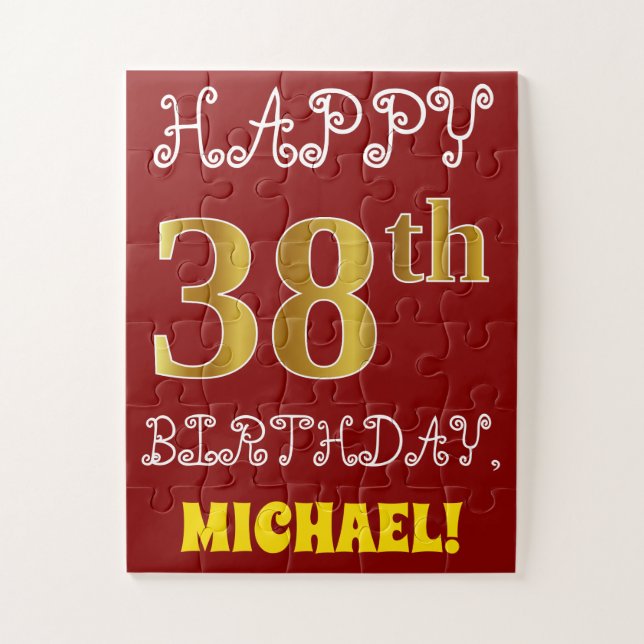 Red, Faux Gold 38th Birthday + Custom Name Puzzle (Vertical)