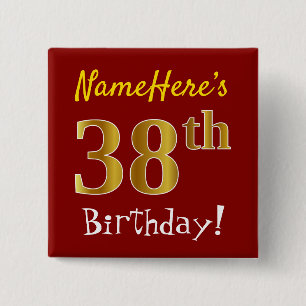 Red, Faux Gold 38th Birthday, With Custom Name 2 Inch Square Button