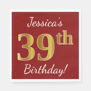 Red, Faux Gold 39th Birthday + Custom Name Napkin