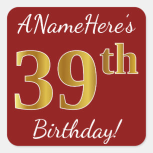 Red, Faux Gold 39th Birthday + Custom Name Sticker