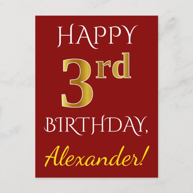 Red, Faux Gold 3rd Birthday + Custom Name Postcard (Front)