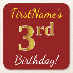 Red, Faux Gold 3rd Birthday + Custom Name Square Paper Coaster