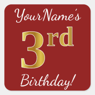 Red, Faux Gold 3rd Birthday + Custom Name Sticker