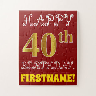 Red, Faux Gold 40th Birthday + Custom Name Puzzle