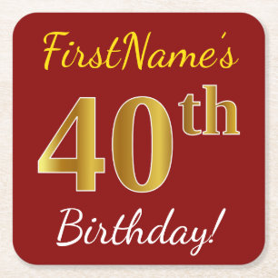 Red, Faux Gold 40th Birthday + Custom Name Square Paper Coaster